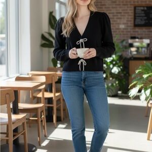 Express Black V-Neck Sweater with Rhinestone Bow Details Women’s M